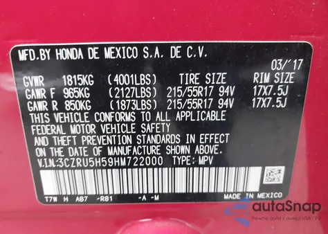 2017 Honda Hr-V Ex from USA, damaged, VIN 3CZRU5H59HM722000